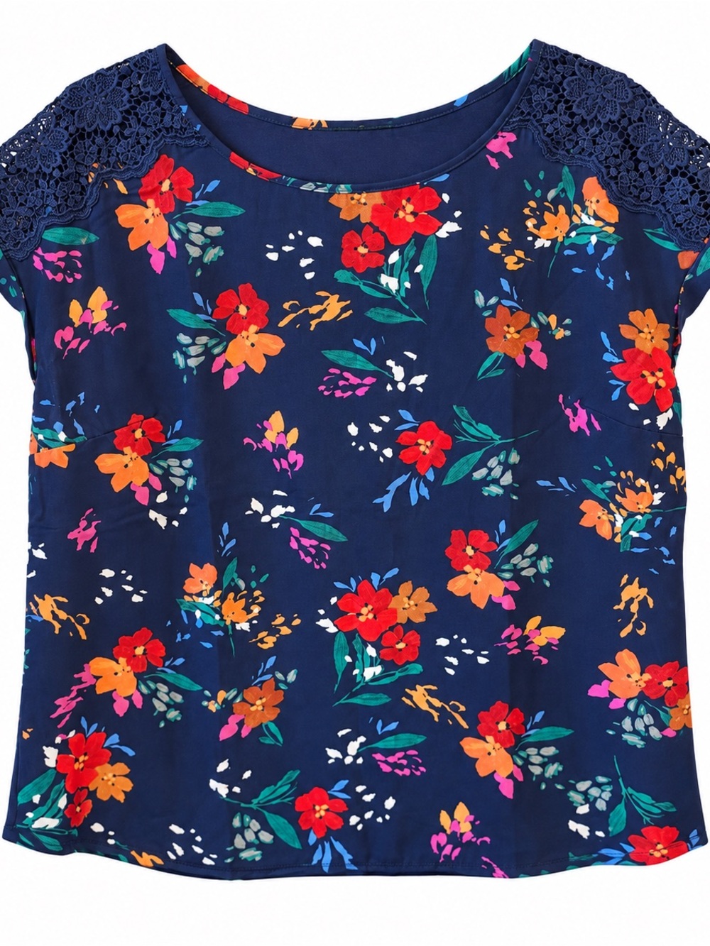 Navy Floral Lace-Shoulder Women's Blouse